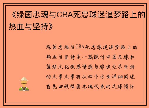 《绿茵忠魂与CBA死忠球迷追梦路上的热血与坚持》