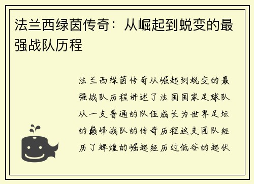 法兰西绿茵传奇：从崛起到蜕变的最强战队历程